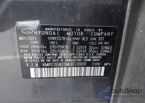 2021 Hyundai Santa Fe Hybrid Sel Premium z USA, uszkodzony, nr VIN KM8S3DA13MU013009